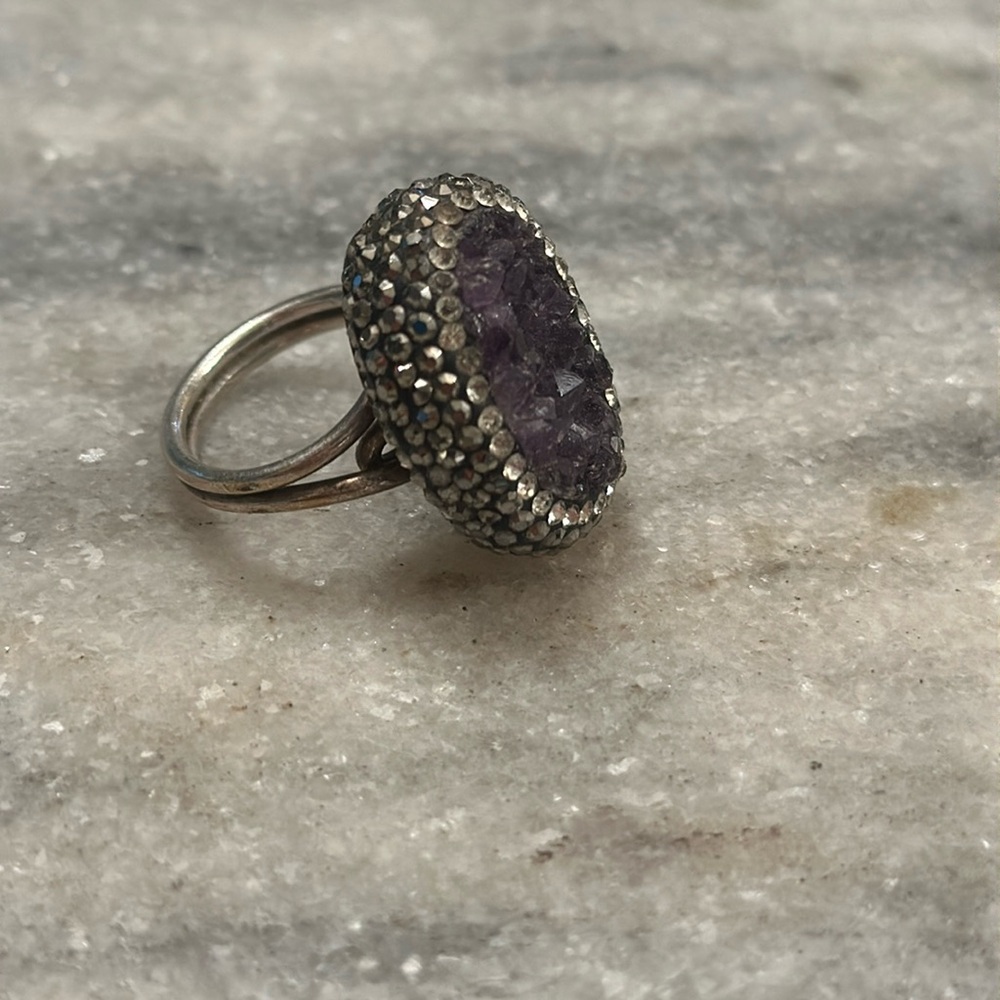 Purple druzy stone ring on sterling band